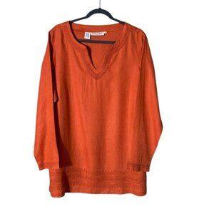 Women’s Linen Pop Over Tunic Blouse Top Size 1X Beachy Lagom Orange Lagenlook